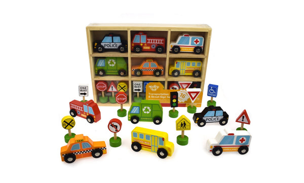 Tooky Toy / Wooden Transportation & Street Sign Set
