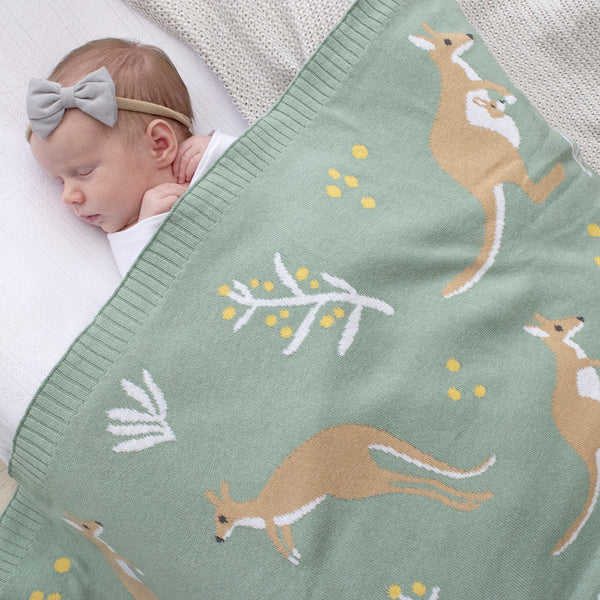 Living Textiles Co. / Australiana Baby Blanket - Green Kangaroo