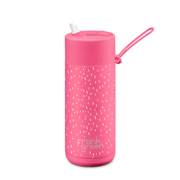 Frank Green / Stainless Steel Ceramic Reusable Bottle w/ Flip Straw Lid (16oz) - Neon Pink Piper