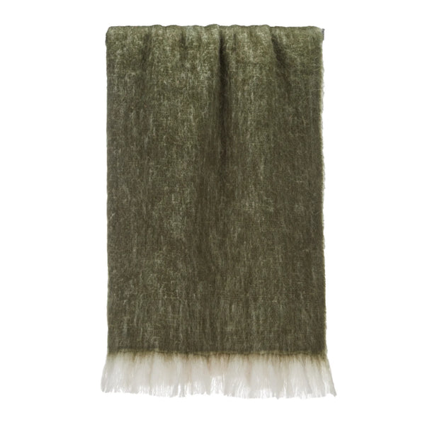 Green knitted scarf with white fringe on a white background