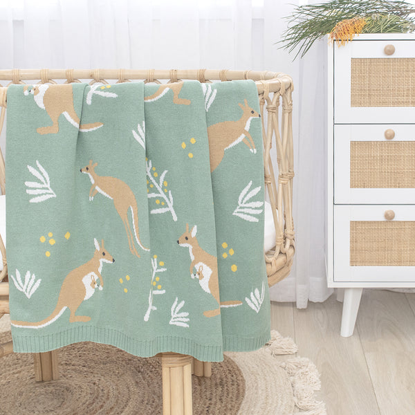 Living Textiles Co. / Australiana Baby Blanket - Green Kangaroo