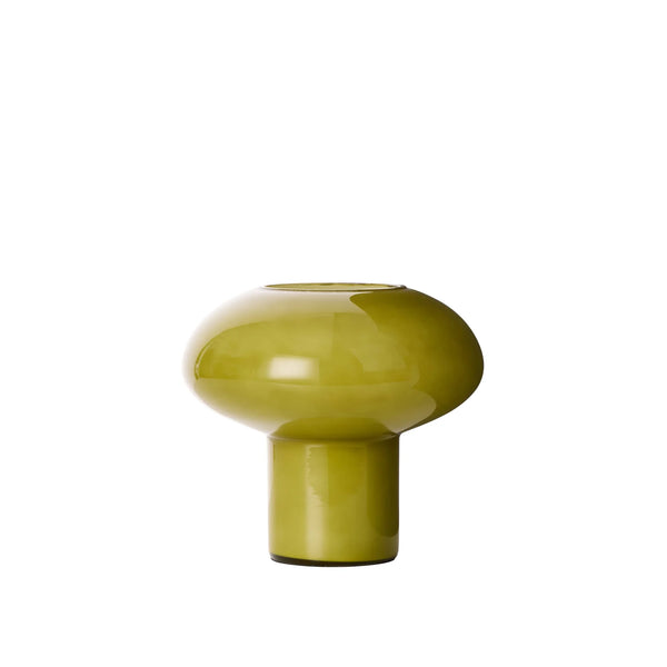 Green ceramic vase with a unique design on a white background