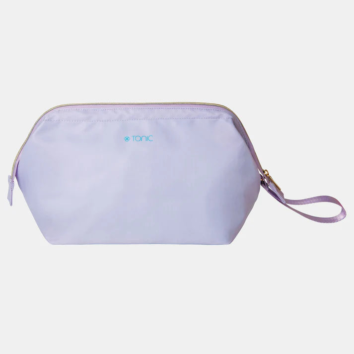 Light purple cosmetic bag with a strap on a light gray background
