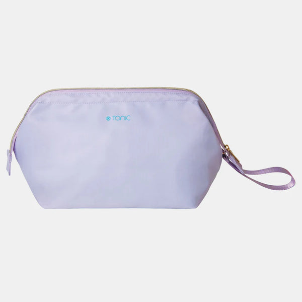 Light purple cosmetic bag with a strap on a light gray background