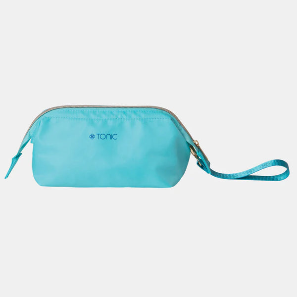 Turquoise pouch with a strap on a light gray background