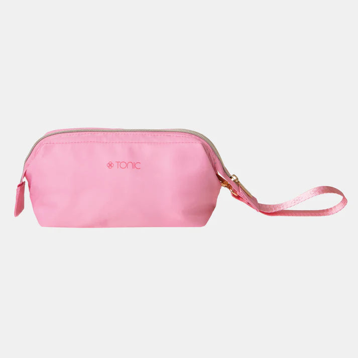 Pink pouch with a strap on a white background