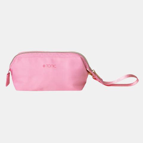 Pink pouch with a strap on a white background