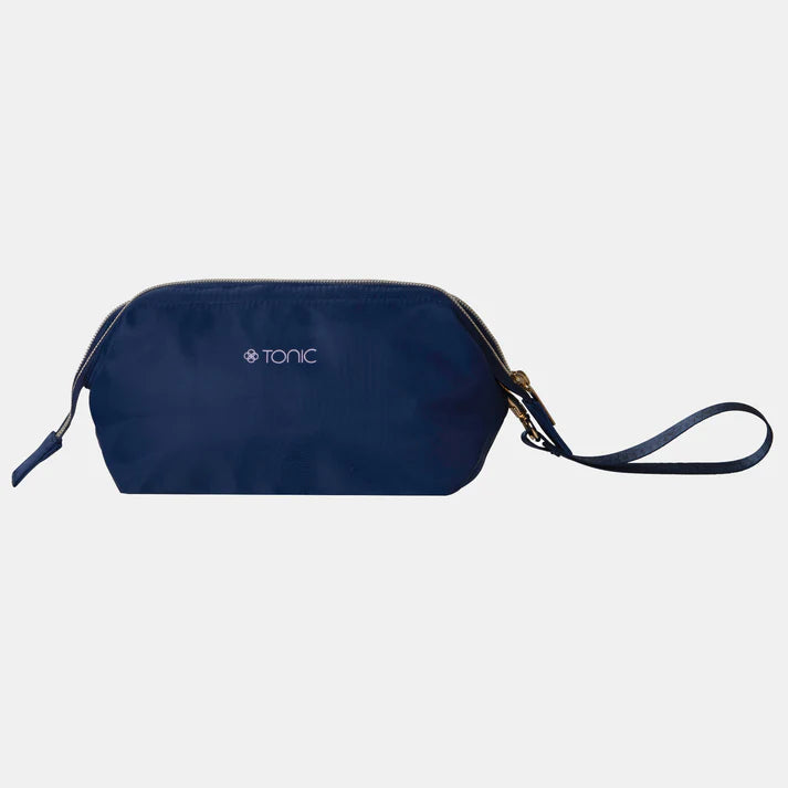 Navy blue pouch with a strap on a light gray background