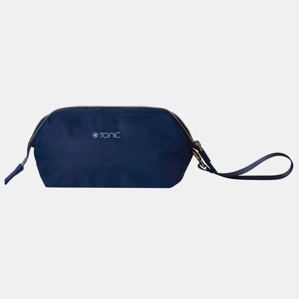 Navy blue pouch with a strap on a light gray background