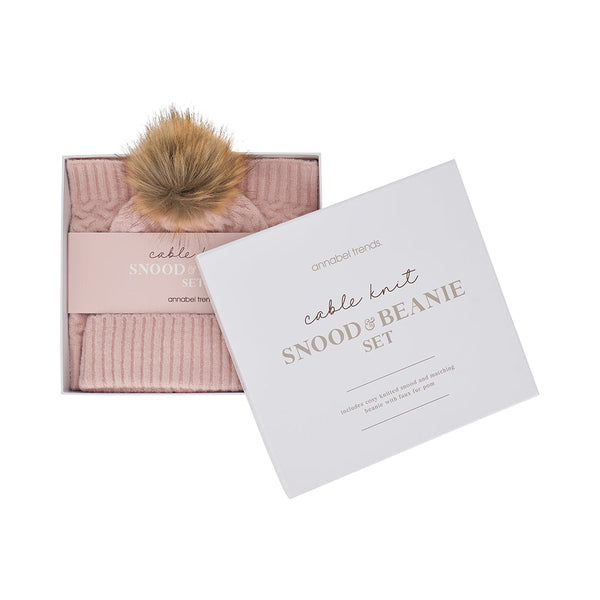 Annabel Trends / Cable Knit Snood & Beanie Set - Pink
