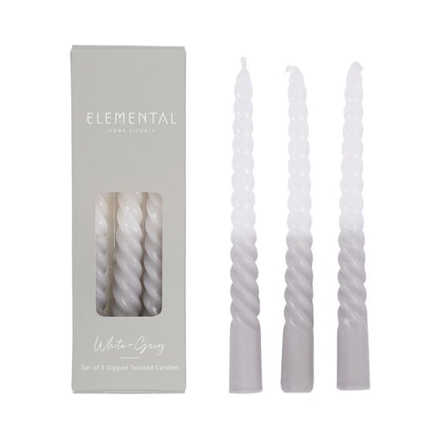 Elemental / Dipped Twisted Candles (Set 3) - White & Grey