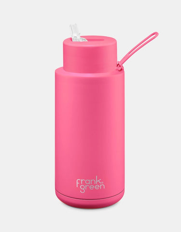 Frank Green / Stainless Steel Ceramic Reusable Bottle w/ Straw Lid (34oz) - Neon Pink
