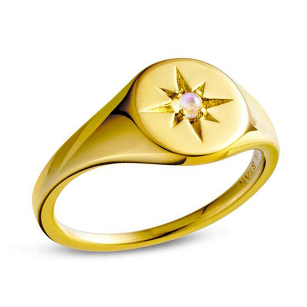 Midsummer Star / Enchanted Light Signet Ring - Gold w Rainbow Moonstone